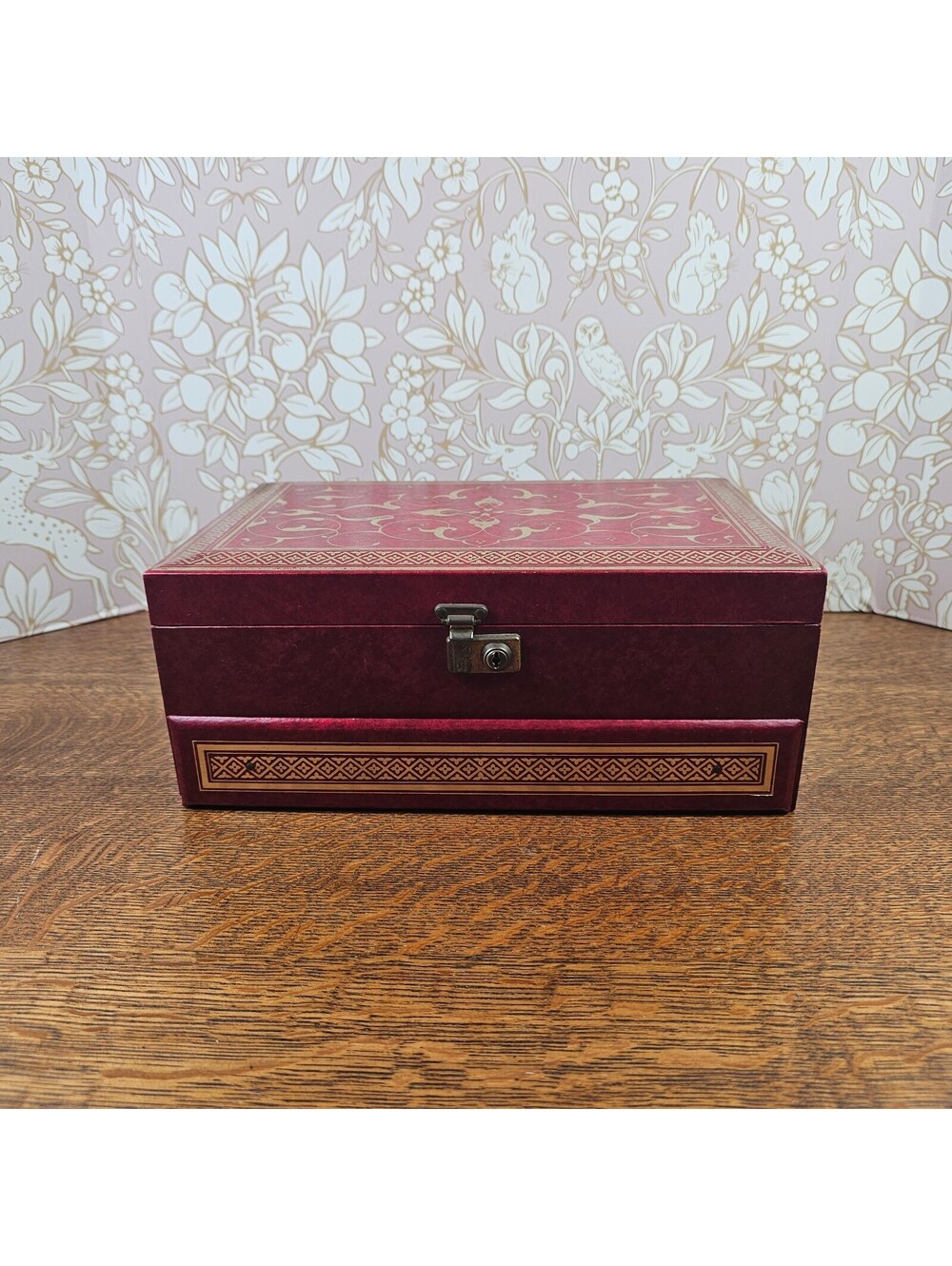 Vintage Mele Jewelry Box Burgundy Gold Tooled 2 Tier Locking Original Key